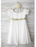 Ivory Chiffon Sequin Sash Short Sleeves Boho Knee Length Flower Girl Dress 